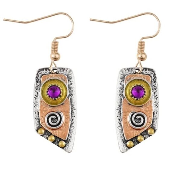 Artisan Style Earrings Pierced Green Purple Chandelier Copper Gold Silver Tone 1 - Picture 1 of 3